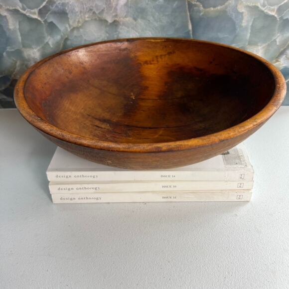 Antique Primitive Hand Turned Wood Dough Bowl 13" Rustic Brown Original Patina - Picture 2 of 9